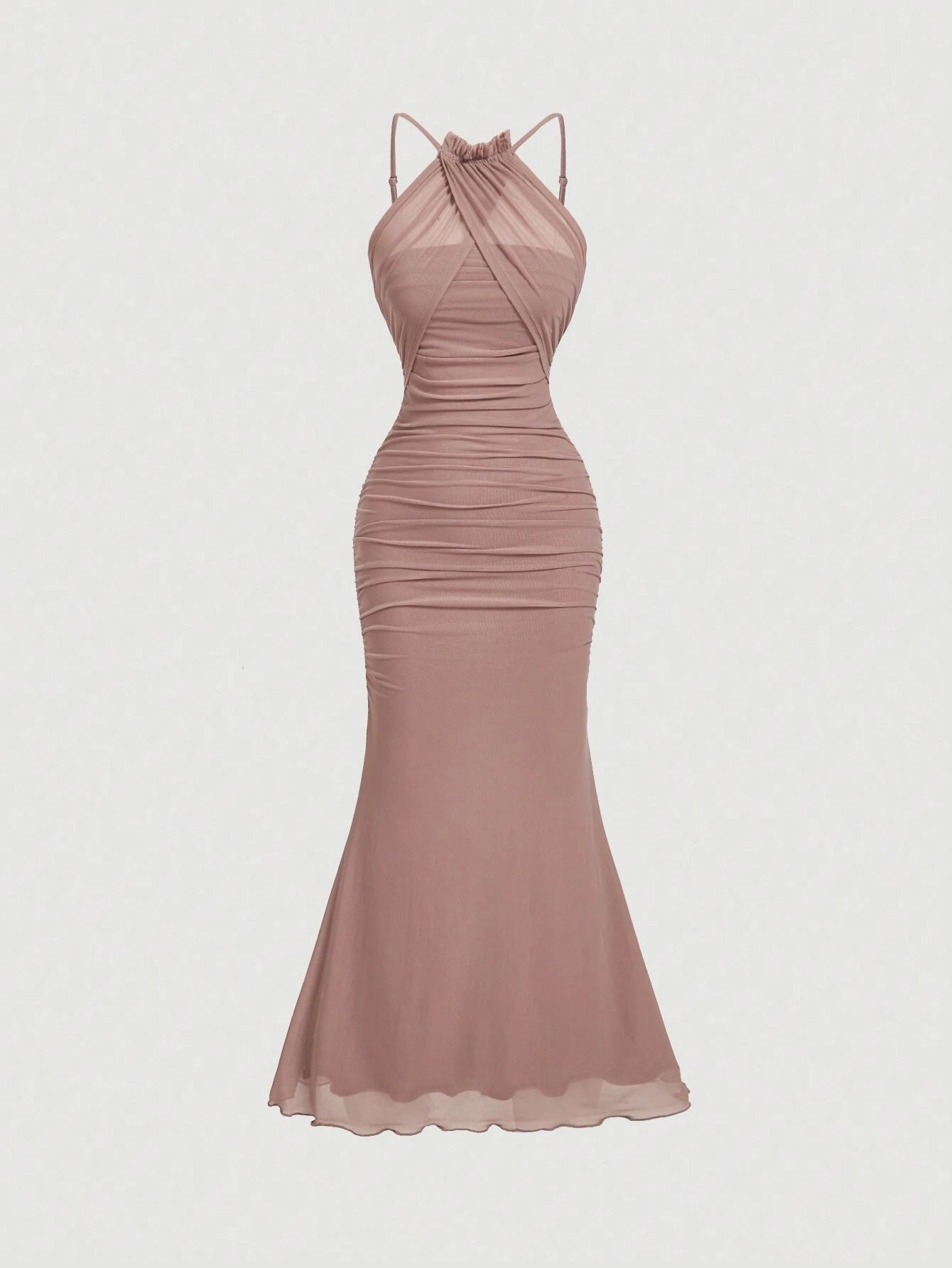 Women's Apricot Color Halter Neck Fish Tail Hem Long Dress FD - Negative Apparel