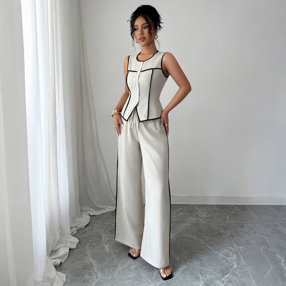 Women’s Apricot Solid Color Sleeveless Two - Piece Suit | Elegant Pants Set – 2025 Collection - Negative Apparel
