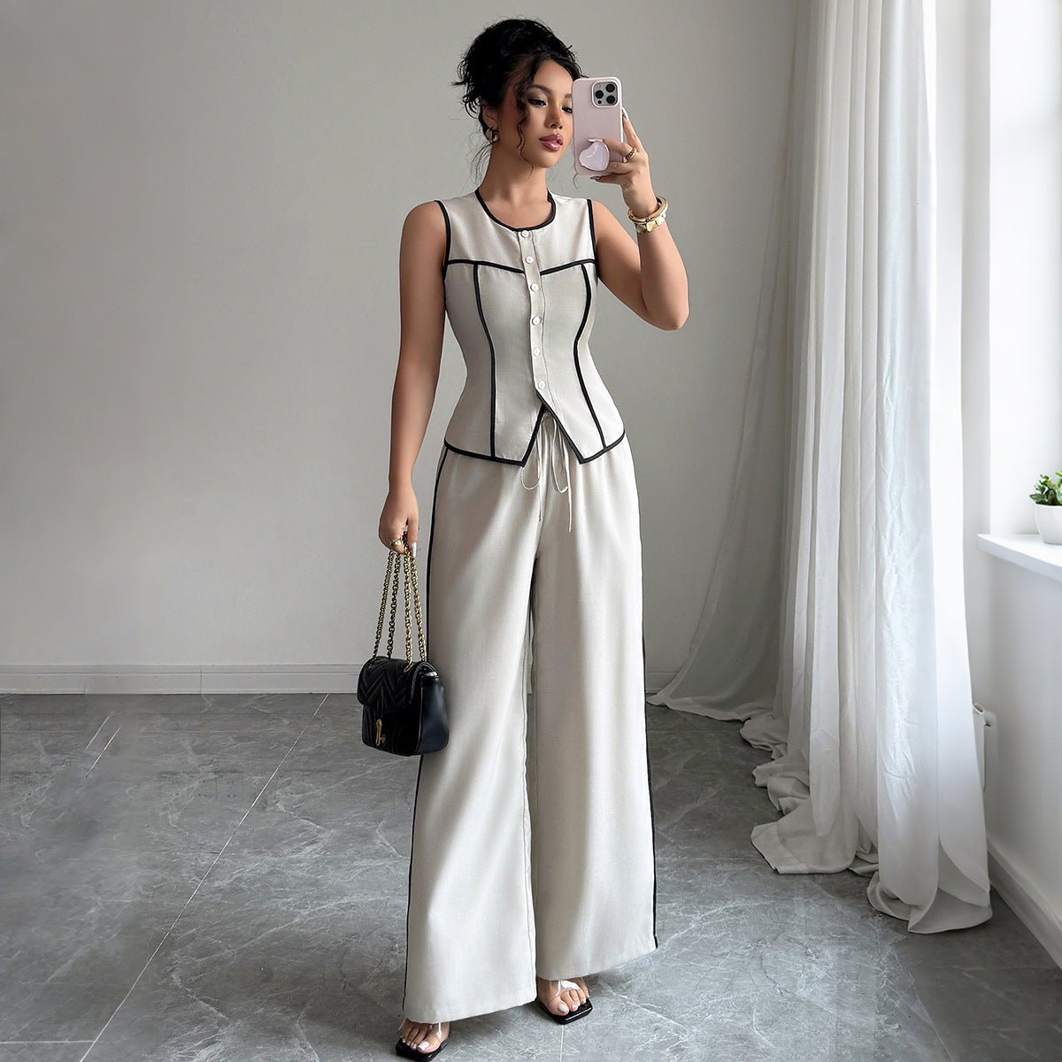 Women’s Apricot Solid Color Sleeveless Two - Piece Suit | Elegant Pants Set – 2025 Collection - Negative Apparel