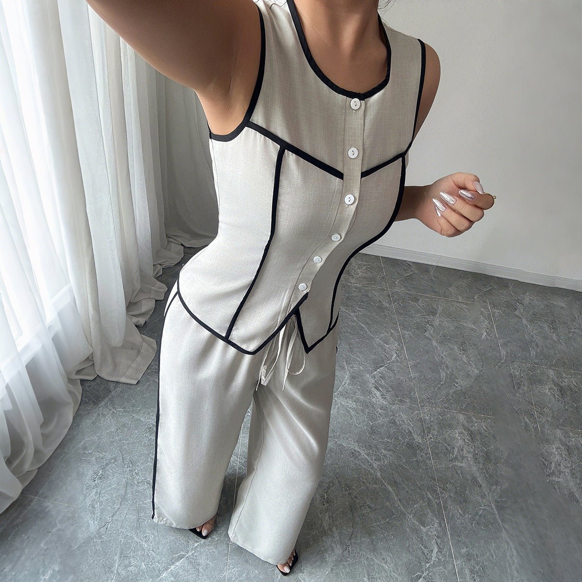 Women’s Apricot Solid Color Sleeveless Two - Piece Suit | Elegant Pants Set – 2025 Collection - Negative Apparel
