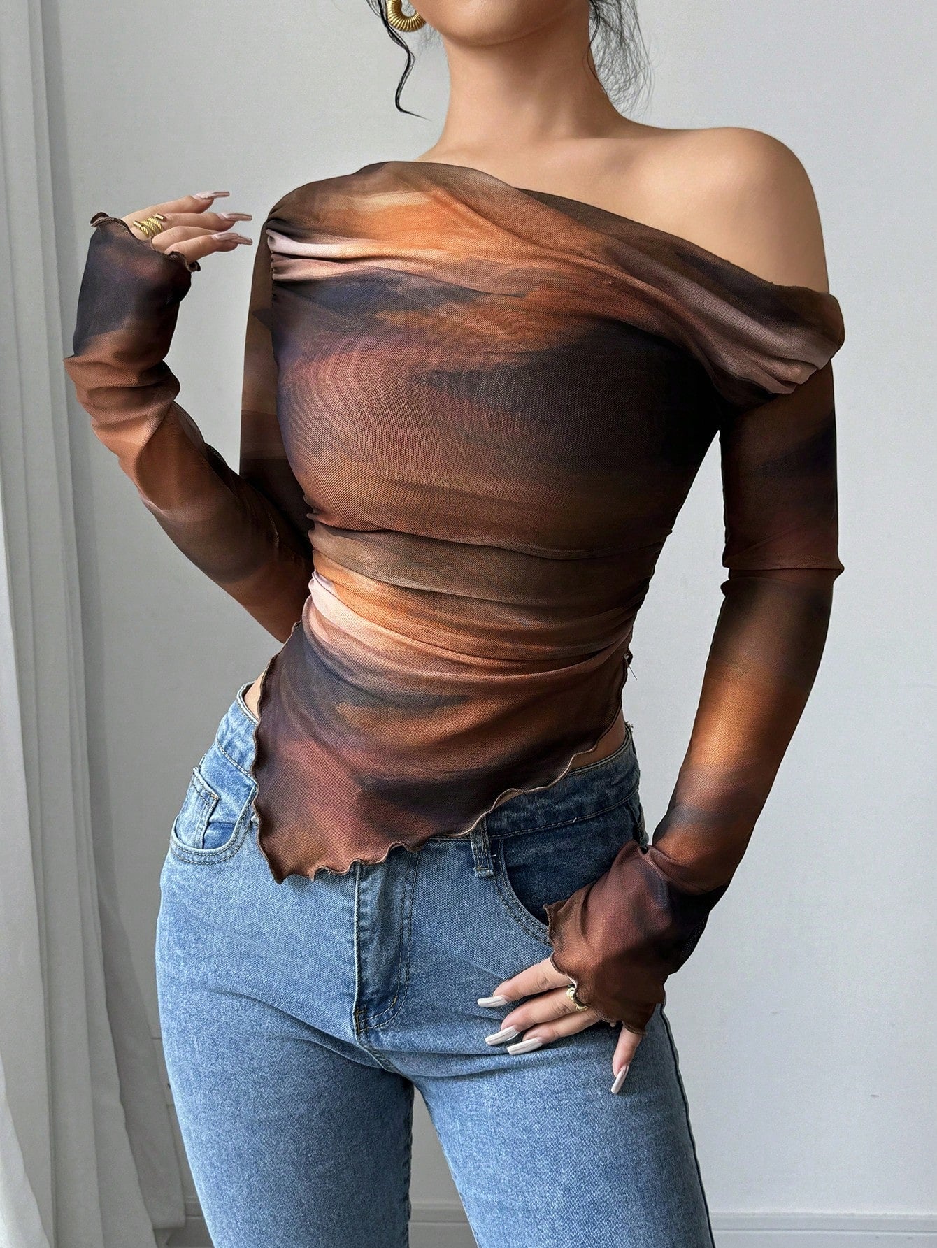 Women's Asymmetric Neck Tie Dye Print Long Sleeve Fitted Fashion T-Shirt - Negative Apparel