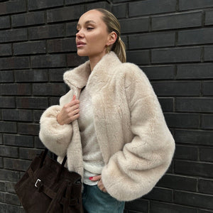 Women’s Beige Sleeveless Faux Fur Vest | Stand Collar Soft Polyester Outerwear | Casual Korean Style Zipper Jacket – Autumn 2025 Collection - Negative Apparel