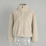 Women’s Beige Sleeveless Faux Fur Vest | Stand Collar Soft Polyester Outerwear | Casual Korean Style Zipper Jacket – Autumn 2025 Collection - Negative Apparel
