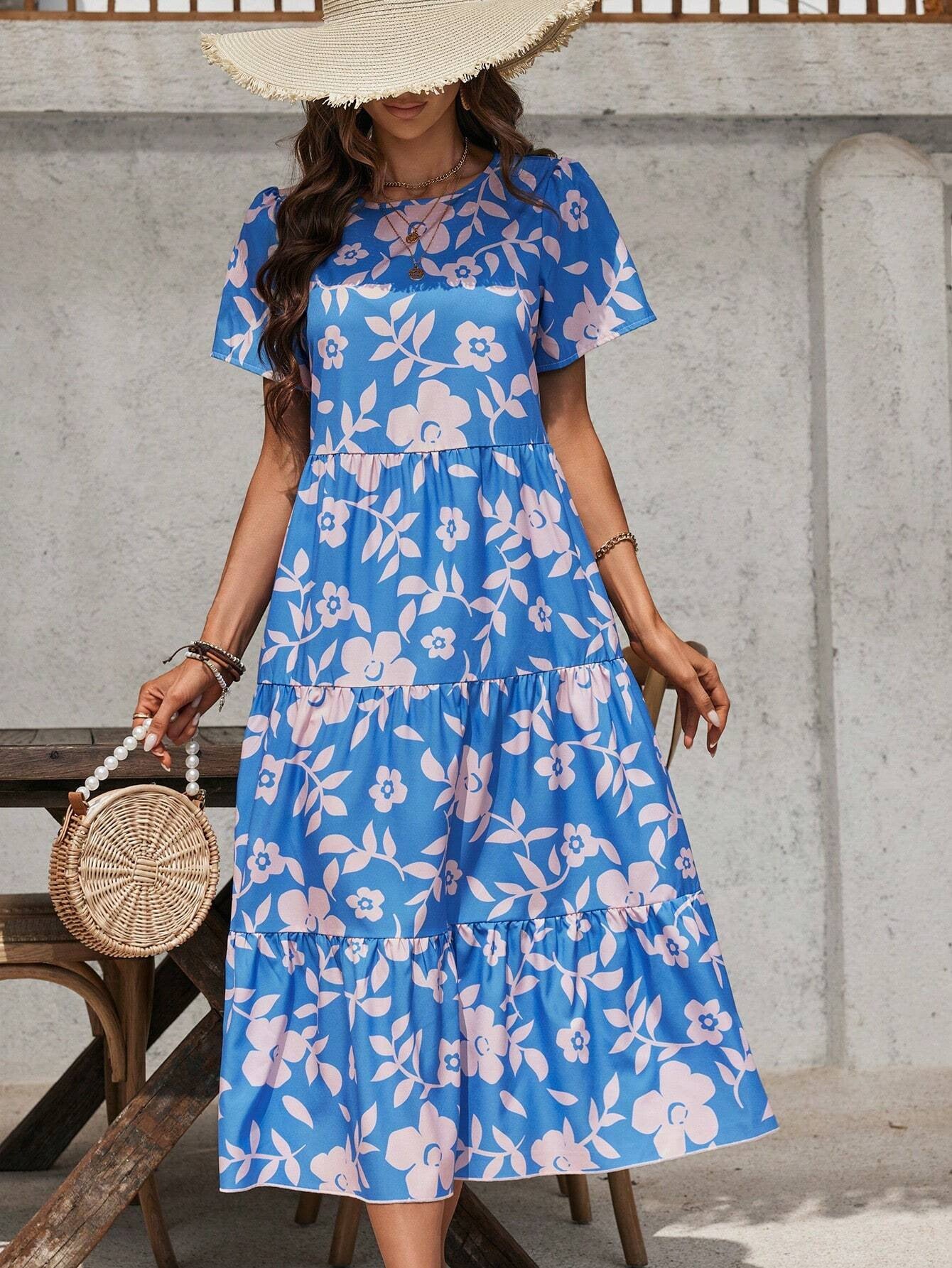 Women's big flower fashion multi - layer ruffle edge patchwork long dress - Negative Apparel