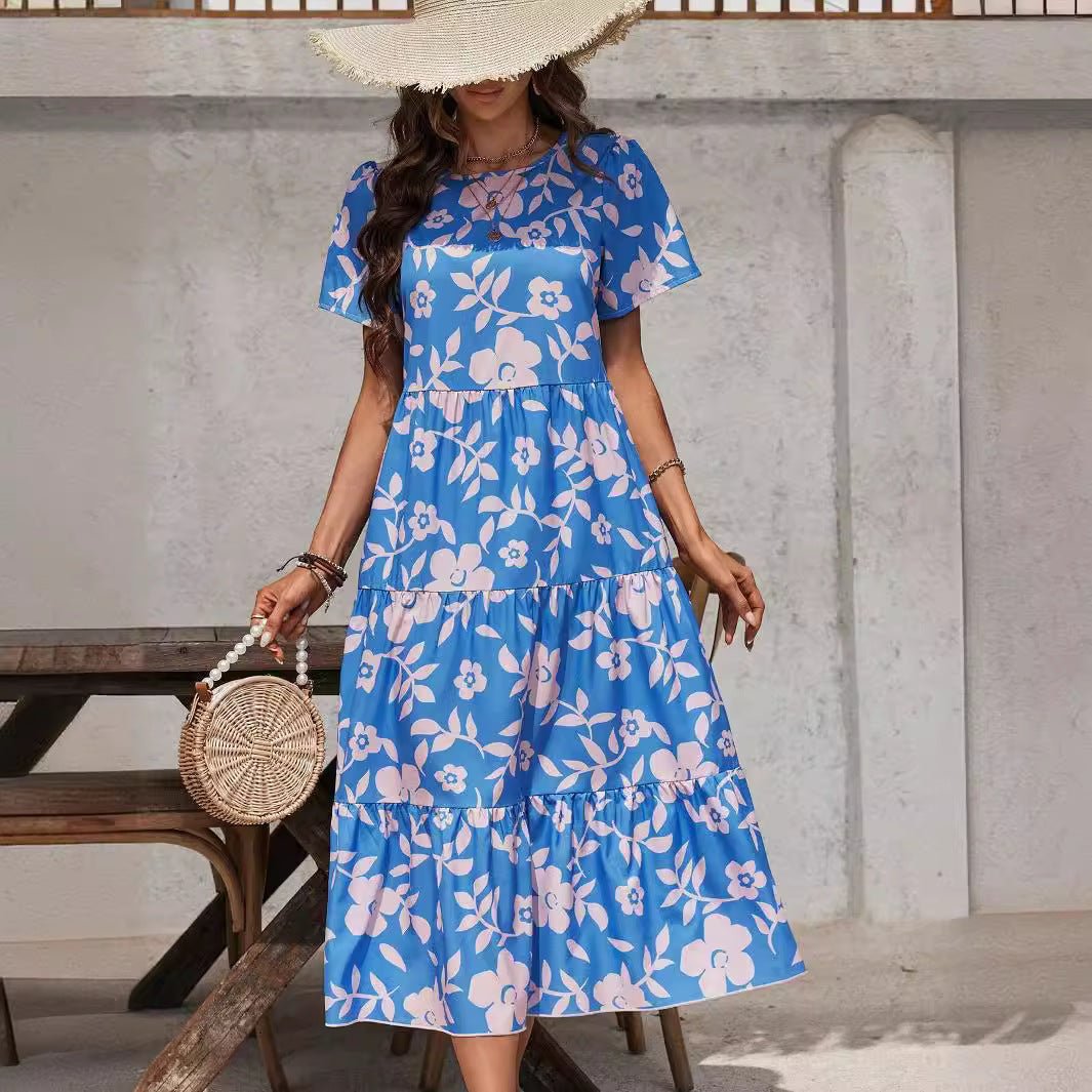 Women's big flower fashion multi - layer ruffle edge patchwork long dress - Negative Apparel