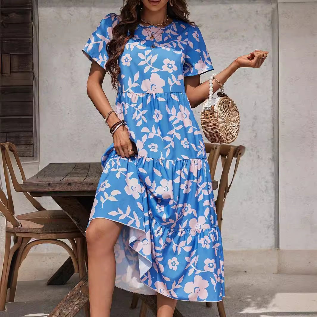 Women's big flower fashion multi - layer ruffle edge patchwork long dress - Negative Apparel