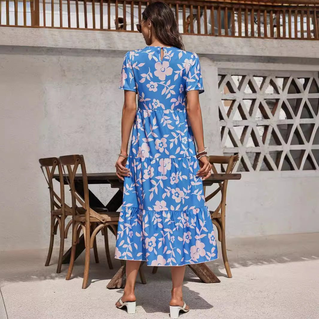 Women's big flower fashion multi - layer ruffle edge patchwork long dress - Negative Apparel