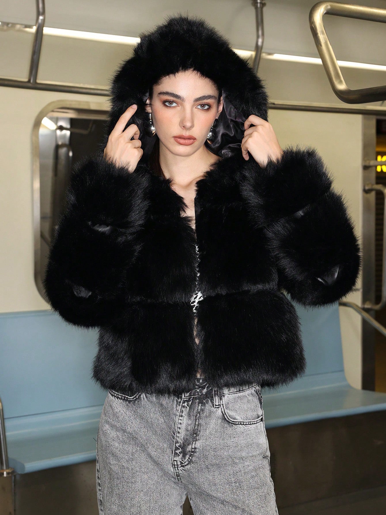Women’s Black Hooded Long Fur Coat with Zipper - Negative Apparel