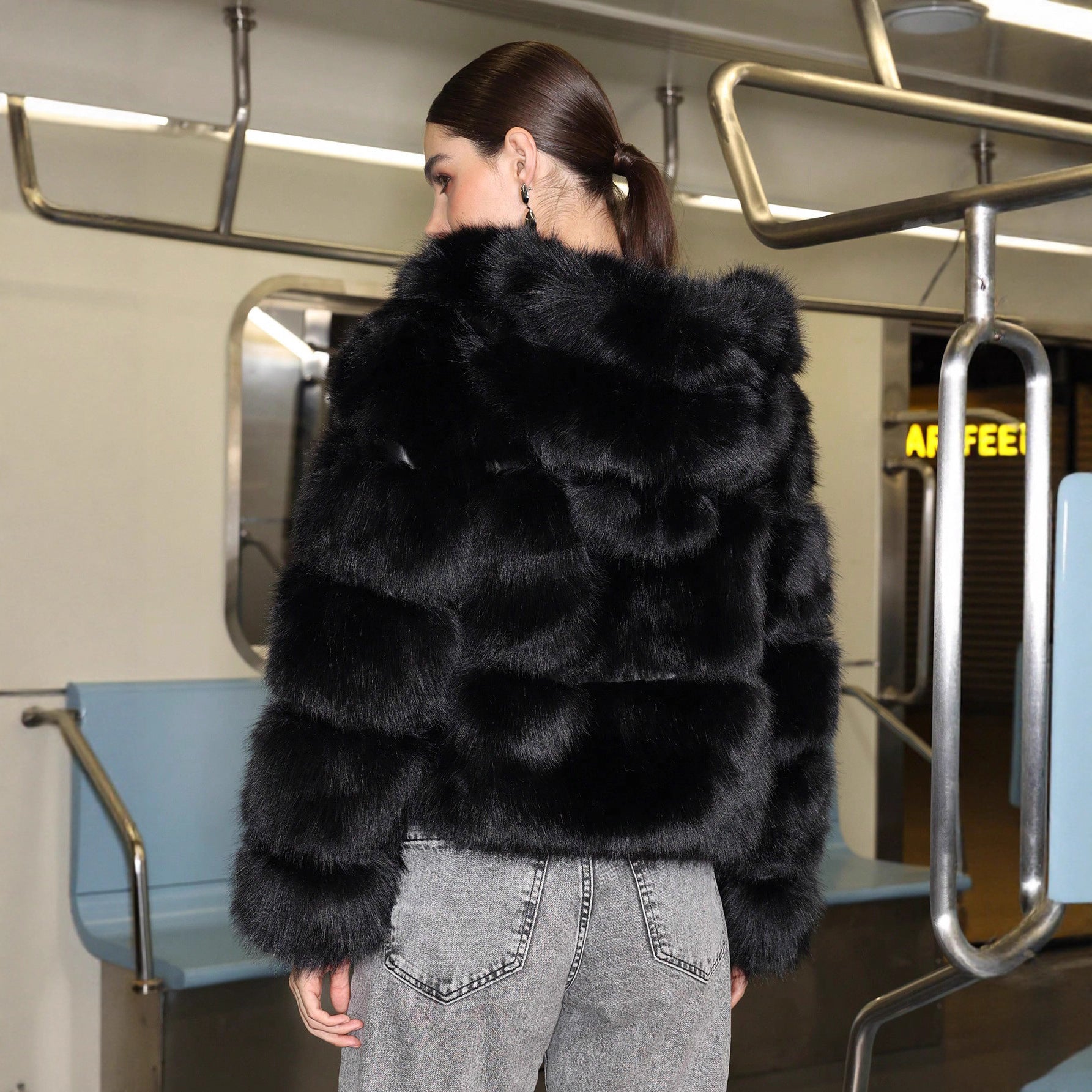 Women’s Black Hooded Long Fur Coat with Zipper - Negative Apparel