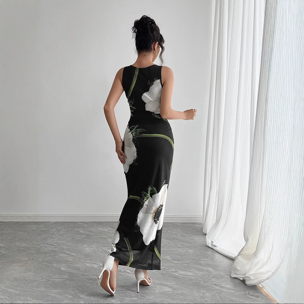 Women's black mesh printing sleeveless dress long dress - Negative Apparel