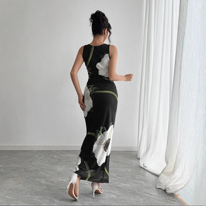 Women's black mesh printing sleeveless dress long dress - Negative Apparel