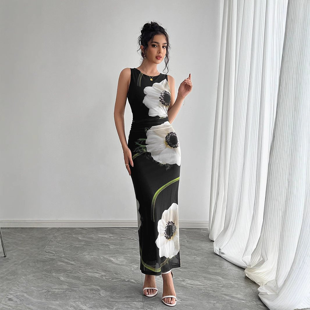 Women's black mesh printing sleeveless dress long dress - Negative Apparel