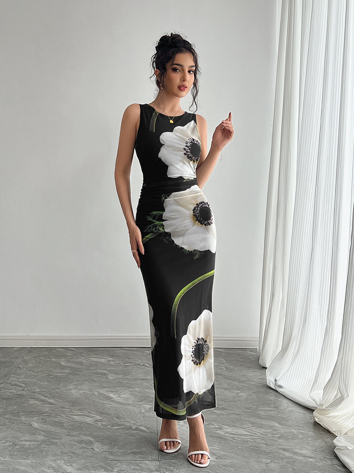 Women's black mesh printing sleeveless dress long dress - Negative Apparel