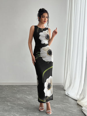 Women's black mesh printing sleeveless dress long dress - Negative Apparel