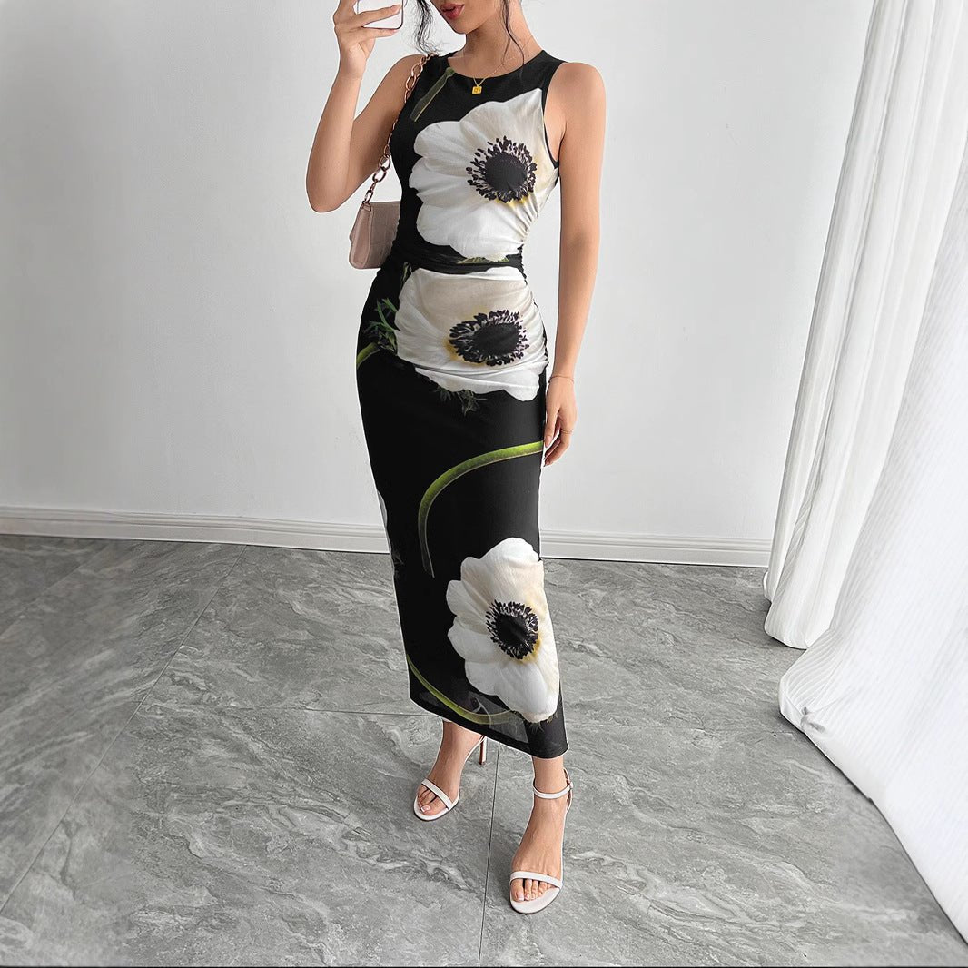 Women's black mesh printing sleeveless dress long dress - Negative Apparel