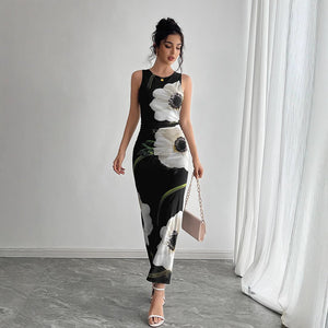 Women's black mesh printing sleeveless dress long dress - Negative Apparel