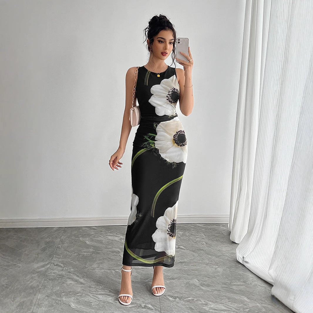 Women's black mesh printing sleeveless dress long dress - Negative Apparel