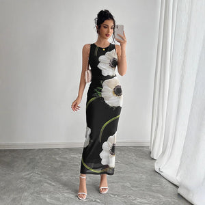 Women's black mesh printing sleeveless dress long dress - Negative Apparel