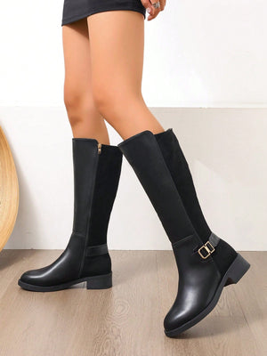 Women's Black Patchwork Side Zipper Fashion All - Match Slim Flat Knight High Boots, - Negative Apparel