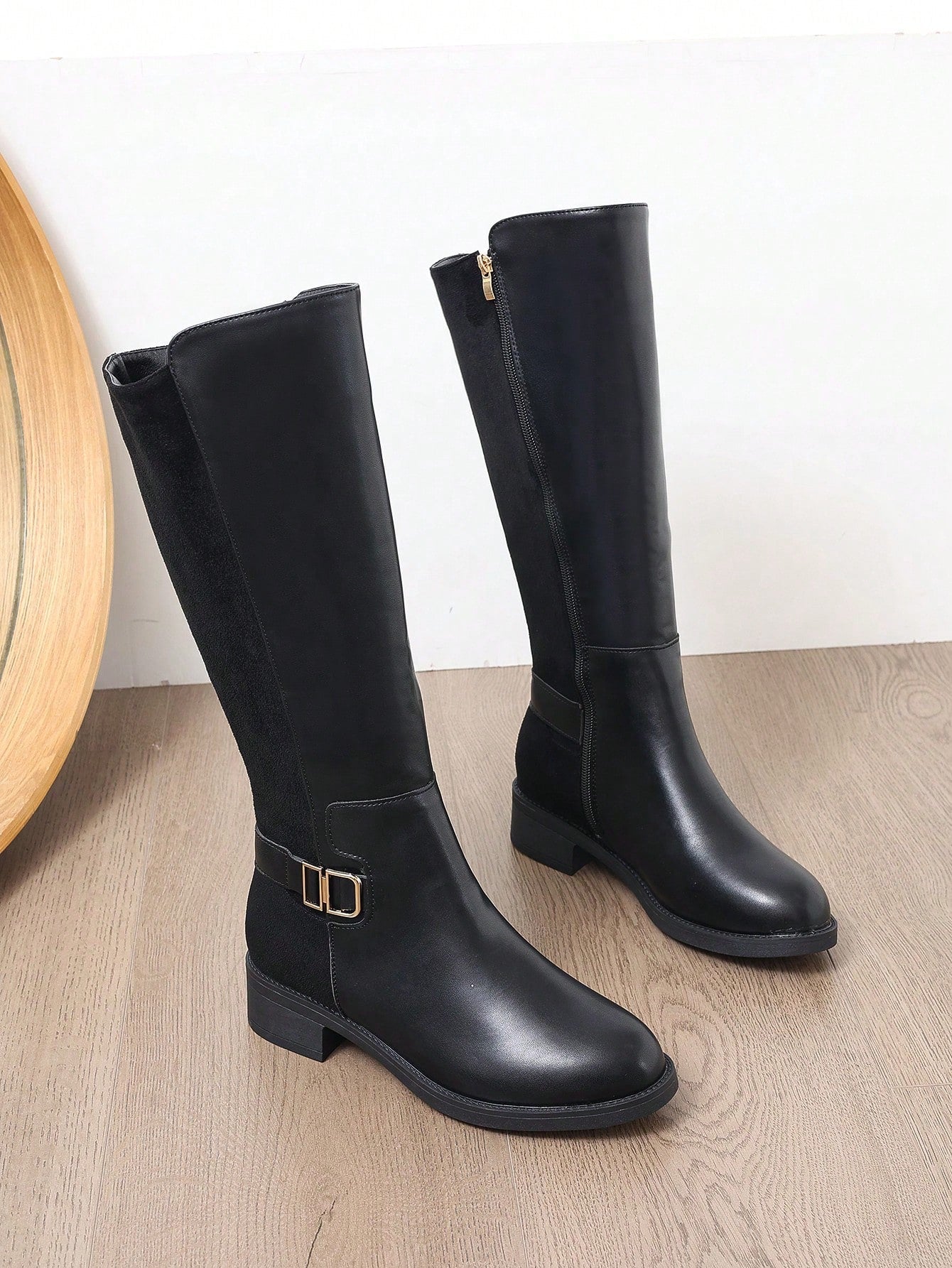 Women's Black Patchwork Side Zipper Fashion All - Match Slim Flat Knight High Boots, - Negative Apparel