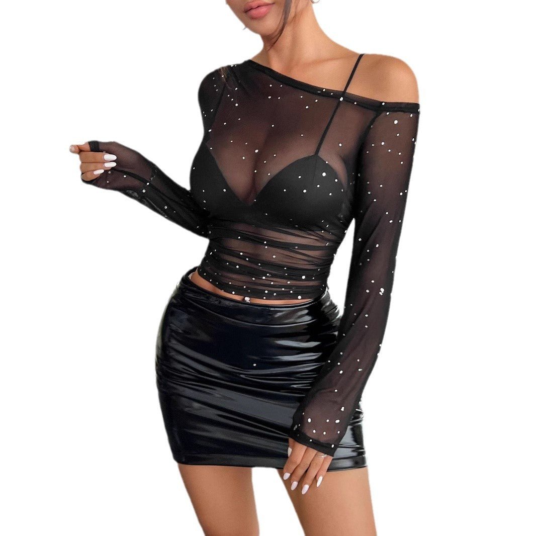 Women's black sequined mesh asymmetrical collar long - sleeved T-shirt - Negative Apparel