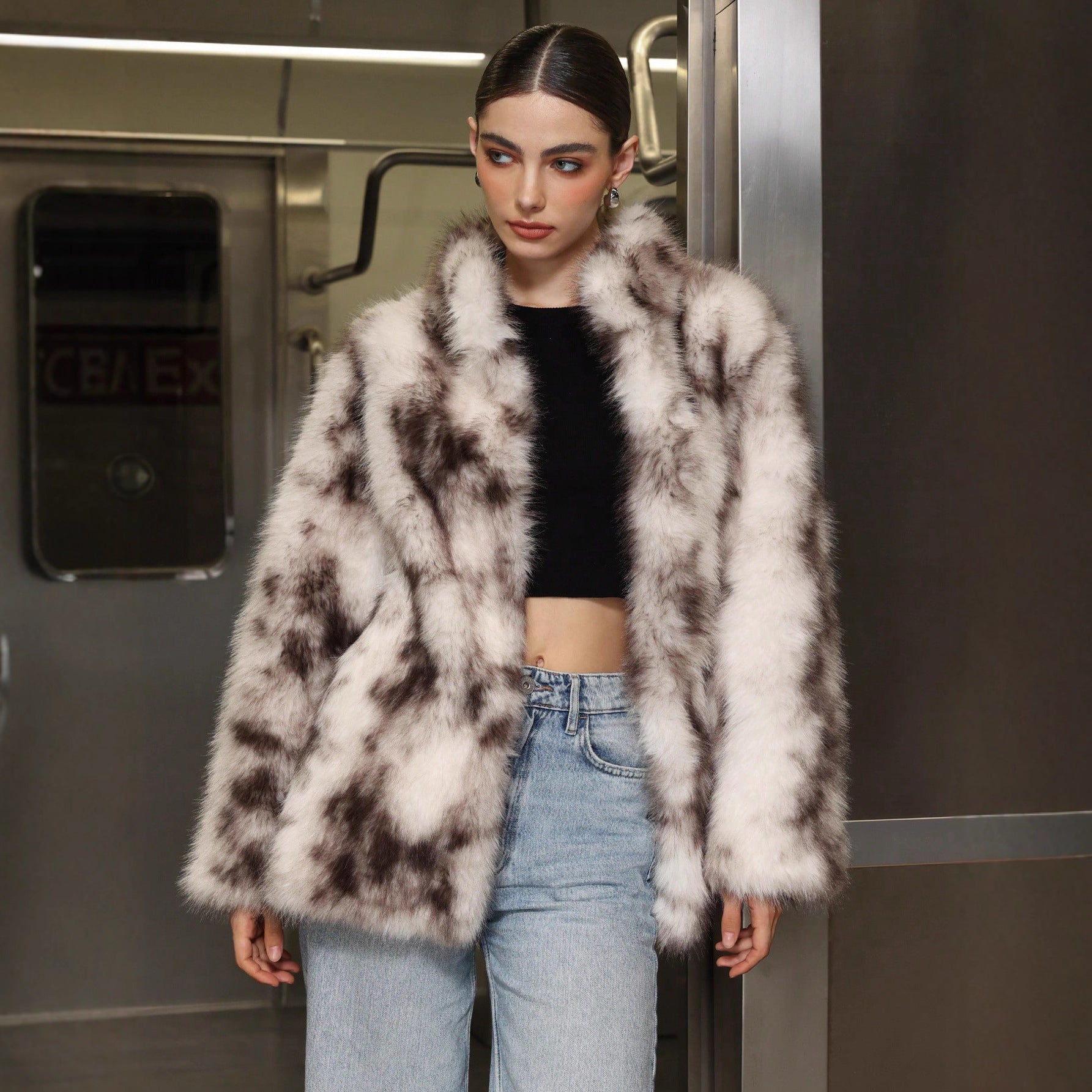 Women’s Black & White Faux Fur Jacket with Semi - Turtleneck & Pockets - Negative Apparel