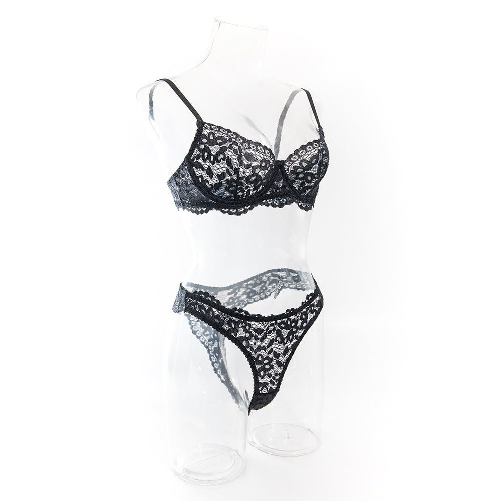 Women's bra set lace hollow breathable steel ring gathered underwear set - Negative Apparel