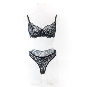 Women's bra set lace hollow breathable steel ring gathered underwear set - Negative Apparel