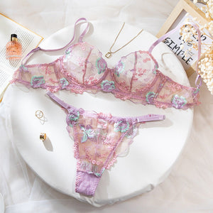 Women's bra set lace single layer thin embroidery craft steel ring gathered underwear set - Negative Apparel