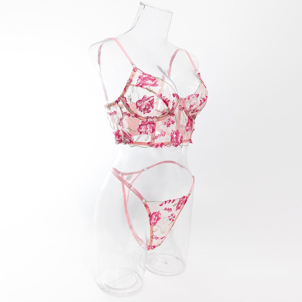 Women's bra set mesh transparent pink flower embroidery steel ring fishbone underwear set - Negative Apparel