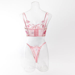 Women's bra set mesh transparent pink flower embroidery steel ring fishbone underwear set - Negative Apparel