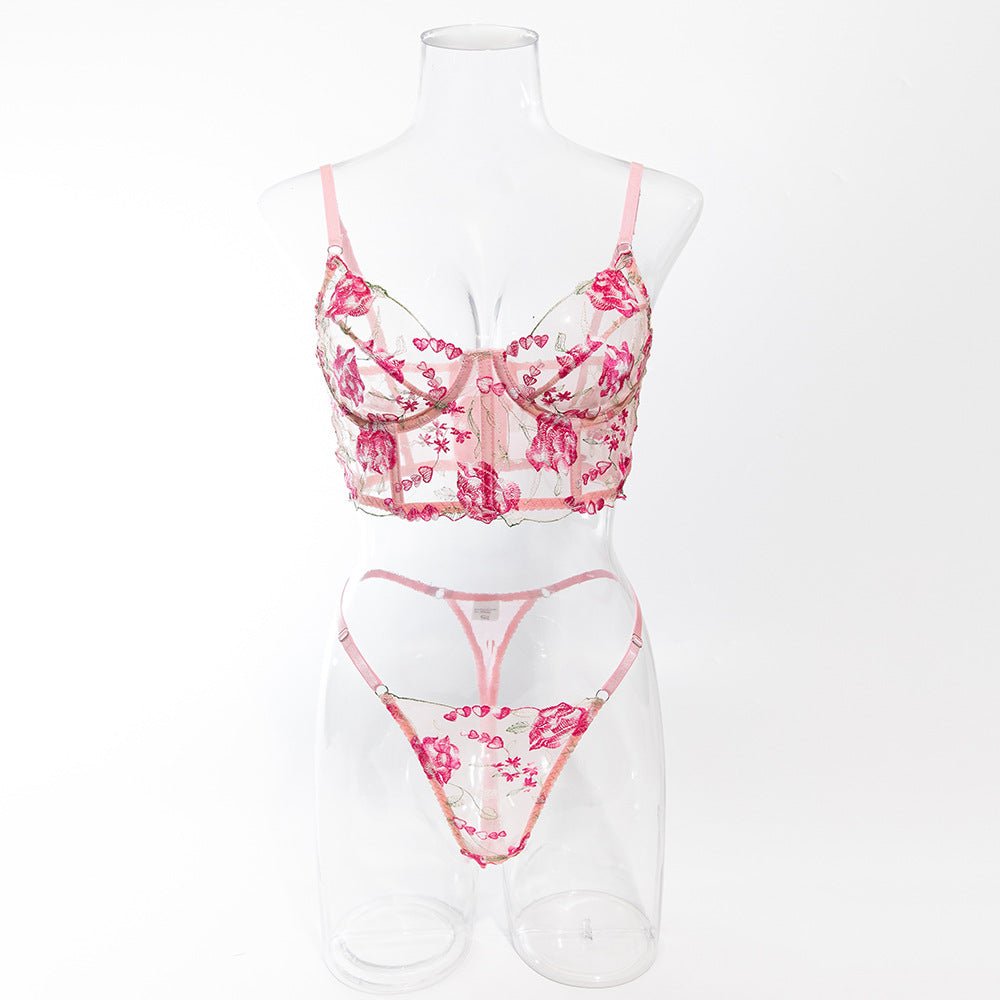 Women's bra set mesh transparent pink flower embroidery steel ring fishbone underwear set - Negative Apparel