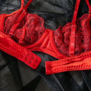 Women's bra set ultra - thin lace red embroidery steel ring gathered sexy underwear set - Negative Apparel