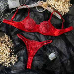 Women's bra set ultra - thin lace red embroidery steel ring gathered sexy underwear set - Negative Apparel