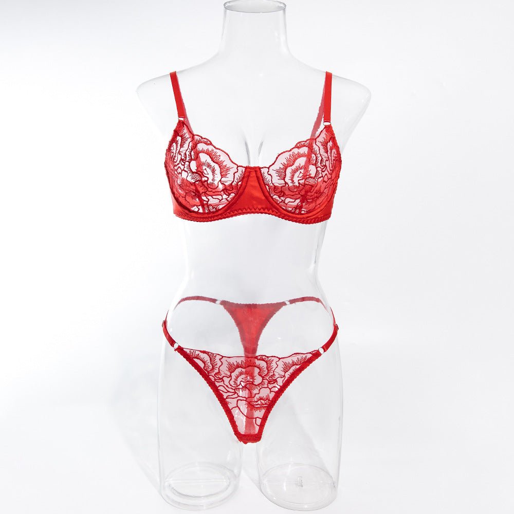 Women's bra set ultra - thin lace red embroidery steel ring gathered sexy underwear set - Negative Apparel