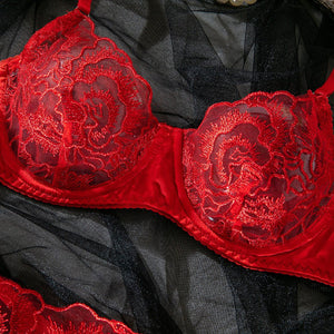 Women's bra set ultra - thin lace red embroidery steel ring gathered sexy underwear set - Negative Apparel