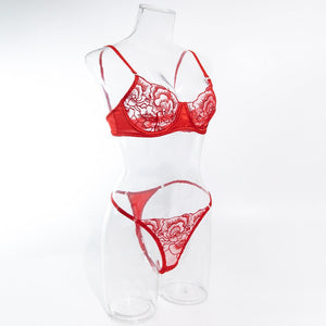 Women's bra set ultra - thin lace red embroidery steel ring gathered sexy underwear set - Negative Apparel