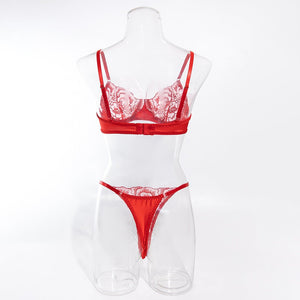 Women's bra set ultra - thin lace red embroidery steel ring gathered sexy underwear set - Negative Apparel