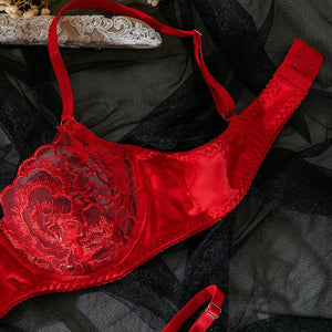 Women's bra set ultra - thin lace red embroidery steel ring gathered sexy underwear set - Negative Apparel