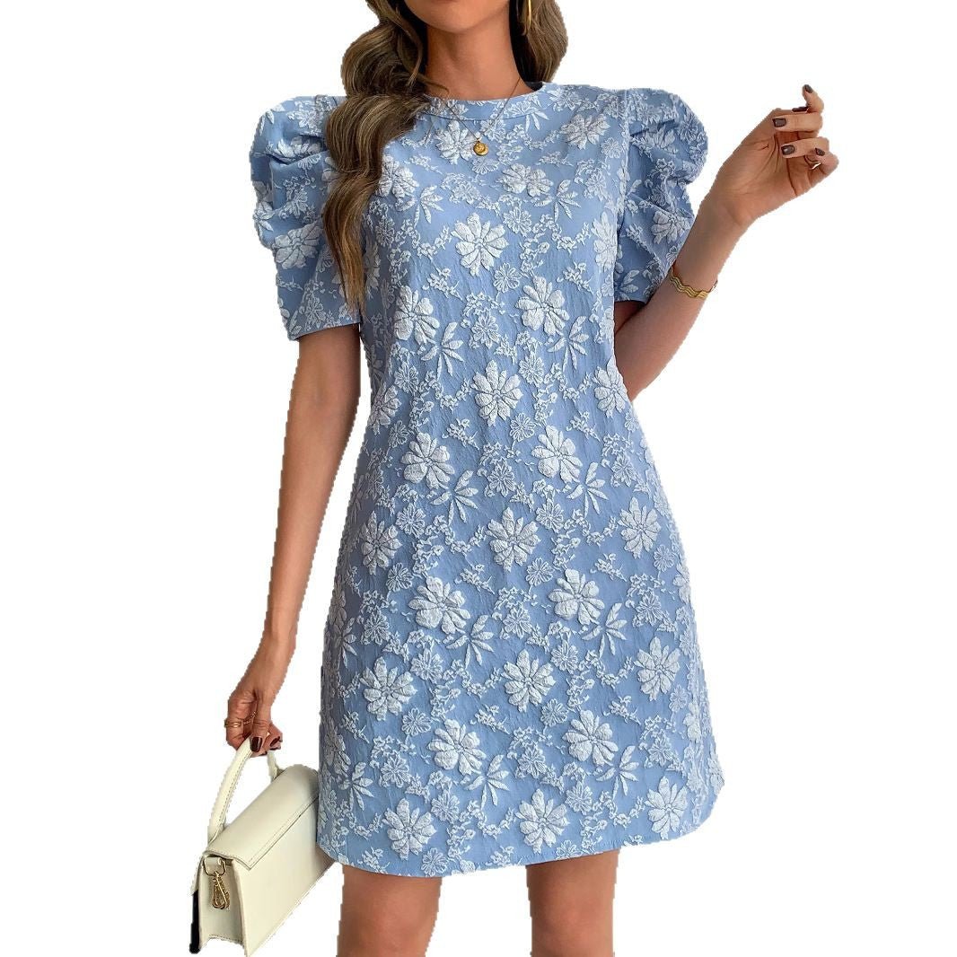 Women's bubble sleeves textured jacquard crew neck retro style dress - Negative Apparel