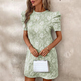 Women's bubble sleeves textured jacquard crew neck retro style dress - Negative Apparel
