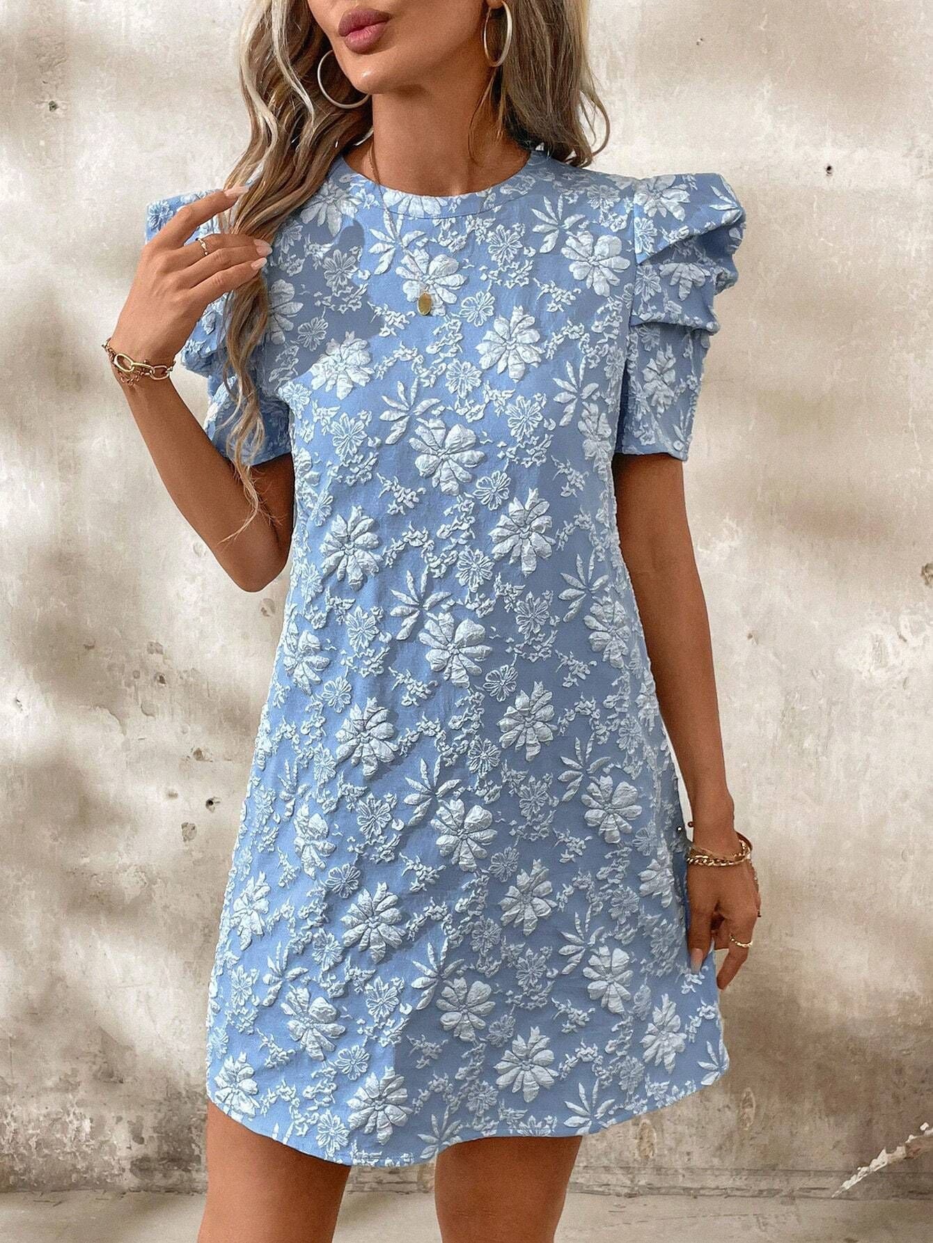 Women's bubble sleeves textured jacquard crew neck retro style dress - Negative Apparel