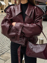 Women’s Burgundy PU Leather Jacket | Short Lapel Belted Street Motorcycle Coat - Negative Apparel