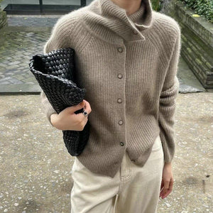 Women’s Cashmere Blend Retro Cardigan – Loose Fit Thick Knit Sweater with Stand Collar & Buttons - Negative Apparel