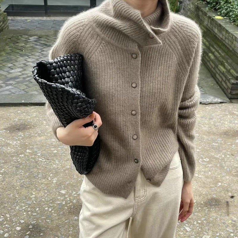Women’s Cashmere Blend Retro Cardigan – Loose Fit Thick Knit Sweater with Stand Collar & Buttons - Negative Apparel