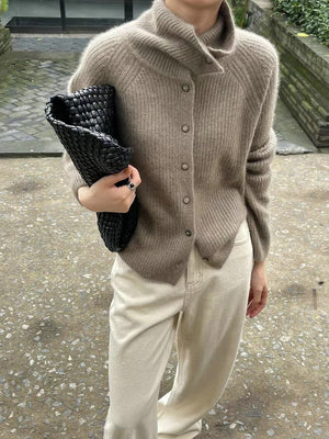 Women’s Cashmere Blend Retro Cardigan – Loose Fit Thick Knit Sweater with Stand Collar & Buttons - Negative Apparel