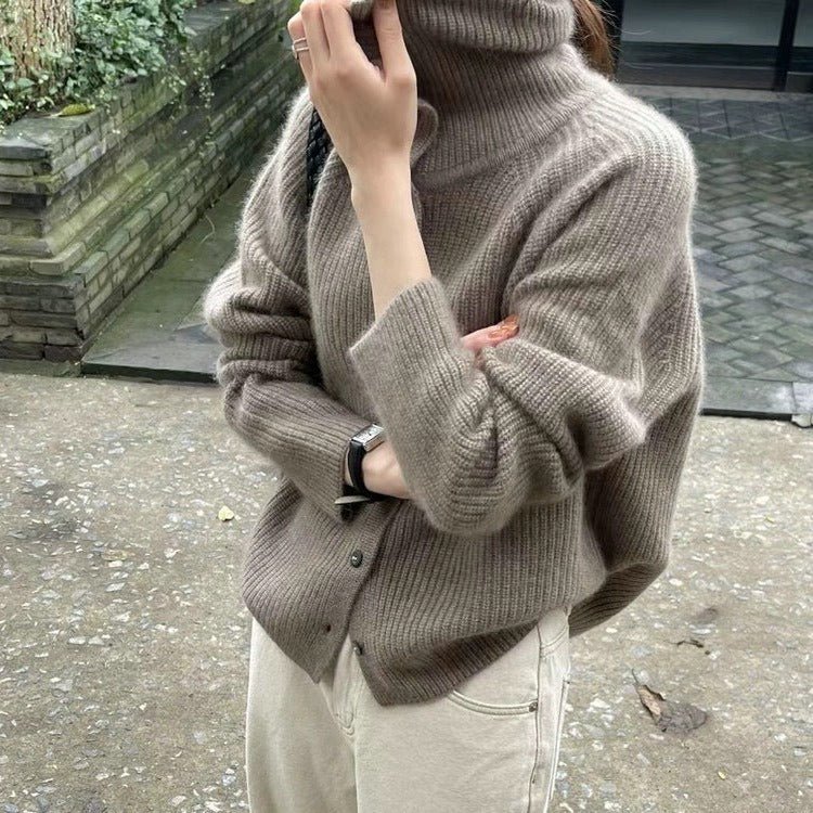 Women’s Cashmere Blend Retro Cardigan – Loose Fit Thick Knit Sweater with Stand Collar & Buttons - Negative Apparel
