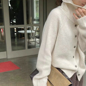 Women’s Cashmere Blend Retro Cardigan – Loose Fit Thick Knit Sweater with Stand Collar & Buttons - Negative Apparel