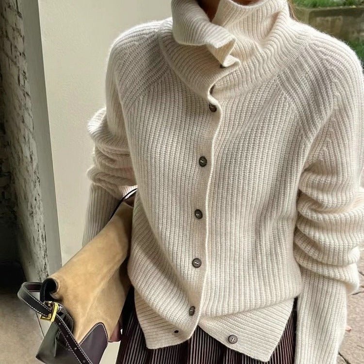 Women’s Cashmere Blend Retro Cardigan – Loose Fit Thick Knit Sweater with Stand Collar & Buttons - Negative Apparel