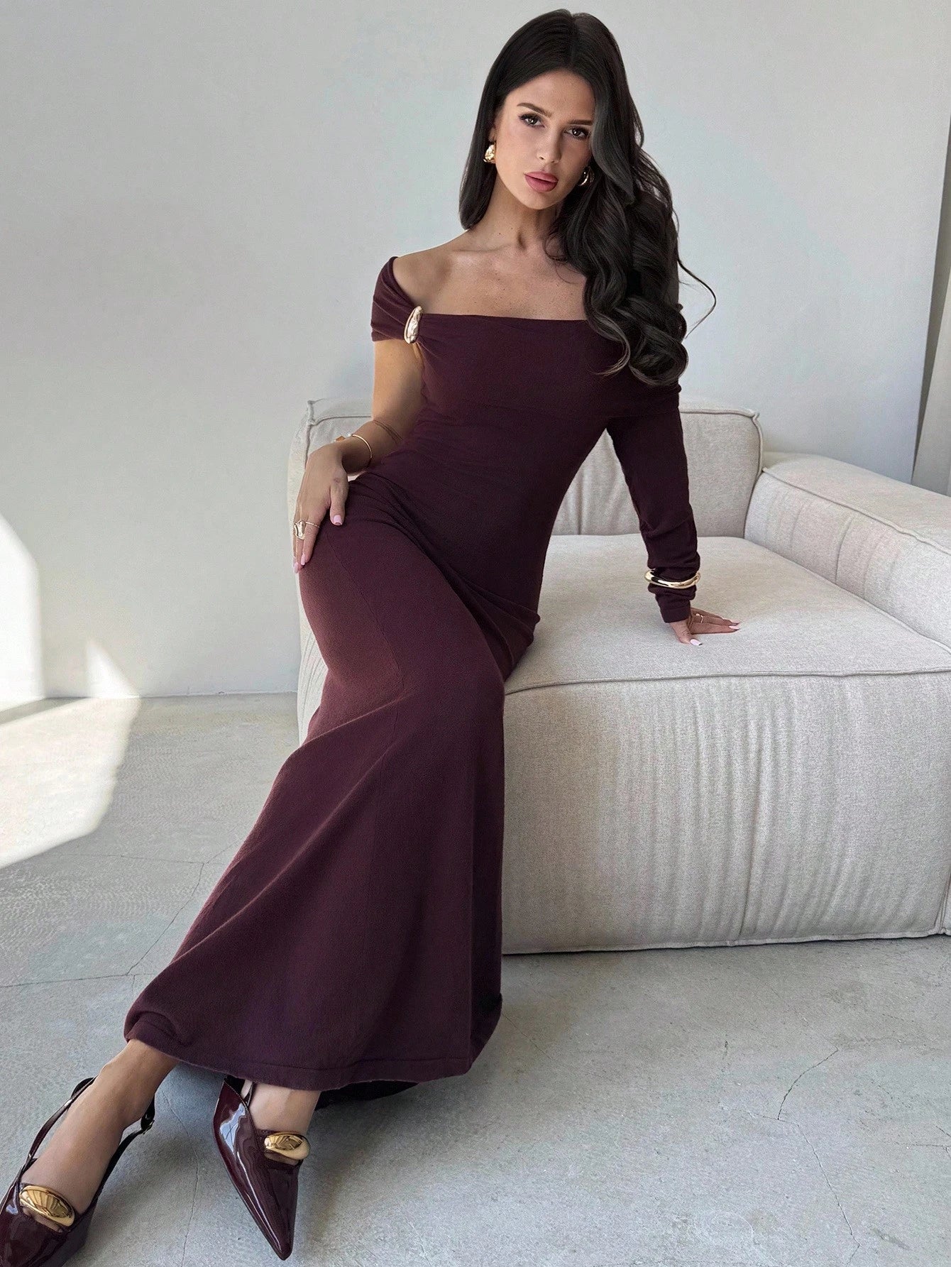 Women's Casual And Elegant Off - The - Shoulder Burgundy Asymmetrical Sleeve Slim Dress FD - Negative Apparel